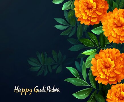 Happy Gudi Padwa written in yellow color on top of large green leaves with orange marigold flowers around it