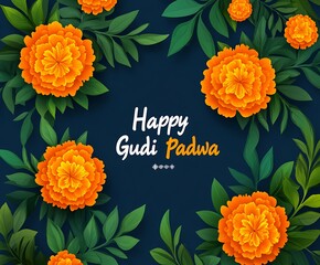 Poster - Happy Gudi Padwa written in yellow color on top of large green leaves with orange marigold flowers around it