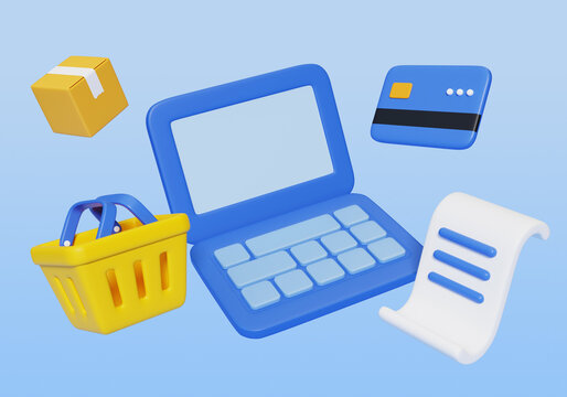 Online shopping laptop and shopping cart and credit card and receipt 3D graphic