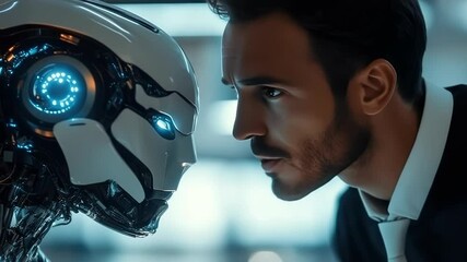 Poster - Human and humanoid robot facing each other in an advanced artificial intelligence research lab,symbolizing the future of AI-human interaction, robotics,ethical considerations in technology development
