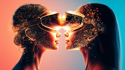 Poster - Women in virtual reality headsets interacting closely, showcasing glowing particles and dynamic colors. Futuristic setting with soft lighting enhances technology's appeal