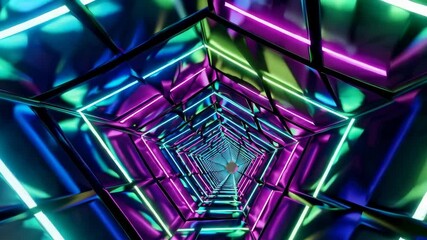 Poster - Vivid neon tunnel: dynamic kaleidoscope light reflection in abstract geometric space