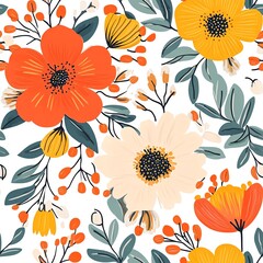 Poster - Vibrant Floral Pattern with Orange Yellow and Cream Flowers on White Background for Textile Design and Decorative Arts