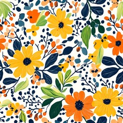 Poster - Bright Floral Pattern with Yellow and Orange Flowers on White Background Seamless Design