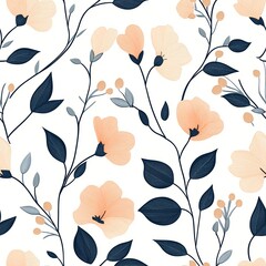 Poster - Delicate Floral Pattern with Peach Blooms and Navy Leaves on White Backdrop