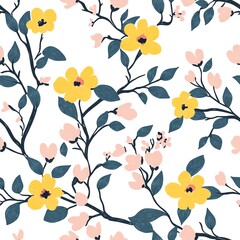 Poster - Floral Seamless Pattern with Yellow Blooms and Pink Flowers on White Backdrop for Textile and Wallpaper Design