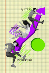 Aufkleber - Creative picture collage of young people hold purple arrow fly up on yellow background