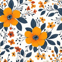 Poster - Orange Floral Seamless Pattern with Dark Blue Leaves on White Background Textile Design