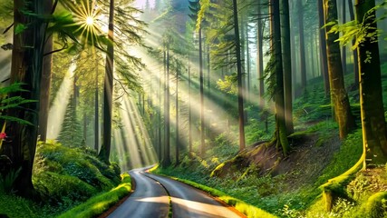 Poster - Enchanted Forest Road A Journey Through Sunlit Woods and Misty Trees