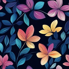 Poster - Seamless Floral Pattern with Colorful Leaves and Flowers on Dark Background Detailed Botanical Artwork