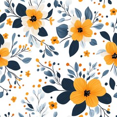 Poster - Seamless Floral Pattern with Orange Flowers and Blue Leaves on White Background