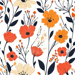 Poster - Seamless Floral Pattern with Orange Poppies and Beige Flowers on White Background in Textile Design