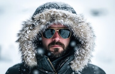 Poster - A man in sunglasses and with snow on his head, wearing a black winter jacket with a fur hood, looks straight ahead against the background of falling snow