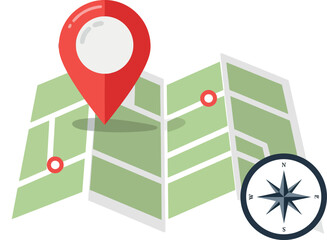 Wall Mural - folded paper map with red location pins and black compass rose flat design vector illustration