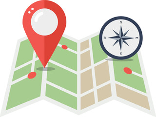 Wall Mural - folded map with red location pins and compass rose in flat style vector illustration