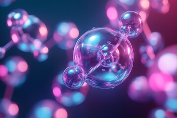 Poster - Abstract 3D rendering of glowing molecule structure, vibrant pink and blue color palette, digital art illustration for science, technology, and medical concepts