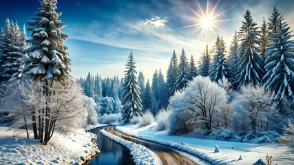 Poster - Serene Winter Wonderland A Picturesque Journey Through Snowy Trees and Icy Streams