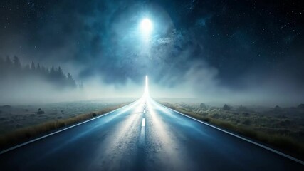 Poster - A Foggy Night Road Leading to the Bright Moonlight in a Starry Sky