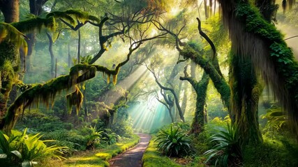 Poster - Mystical Jungle Path Sunlight Beams Through Lush Greenery and Ancient Trees