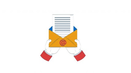 Poster - Hands holding open email envelope with document 2D doodle animation. Digital correspondence and communication mail animated flat element isolated on white background. Cartoon 4K video drawing