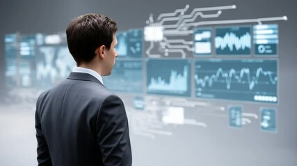 Poster - Tech Visionary: A sharp dressed professional immersed in a futuristic digital world, surrounded by dynamic data displays and the innovative interface.