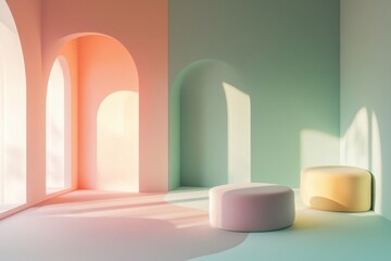 Poster - Stylish interior space with soft pastel colors and geometric shapes in natural light