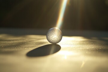 Leinwandbilder - Isolated golf ball on golden surface with a bright sunbeam casting a shadow. Sports and leisure equipment are the subject of this photo.