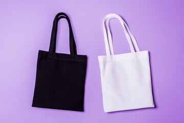 Poster - Two tote bags, one black and one white, are laid out side by side on a light purple surface. Simple reusable carrier bags.