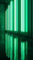 Aufkleber - Green neon lights illuminate a corridor, reflecting on a polished floor.  The image showcases modern architecture and design, evoking a futuristic or minimalist aesthetic