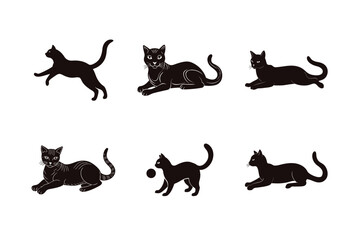  A set of six elegant black cat silhouettes presented as vector artwork. These versatile designs can be easily scaled and customized