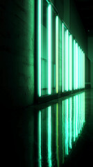 Aufkleber - Green neon lights in a dark corridor reflect on a polished floor, creating a symmetrical and modern ambiance, showcasing a sleek, minimalist design ideal for a futuristic or technological concept
