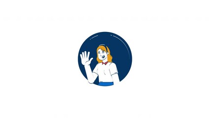 Poster - Cheerful corporate woman waving in greeting gesture 2D character doodle animation. Blonde female office worker friendly animated person avatar on white background. Cartoon 4K video drawing