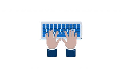 Poster - Typing hands on keyboard 2D doodle animation. Digital work. Data entry. Online communication. Keys input top view animated flat element isolated on white background. Cartoon 4K video drawing