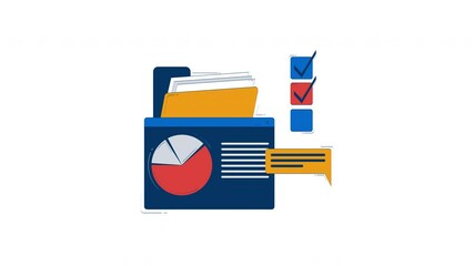 Poster - Business dashboard with charts, files and checklist 2D object doodle animation. Piechart, text lines, check boxes animated flat element isolated on white background. Cartoon 4K video drawing