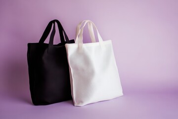 Poster - Two reusable shopping bags: a black tote and a white one, sitting against a lilac backdrop. Stylish eco-friendly shopping.