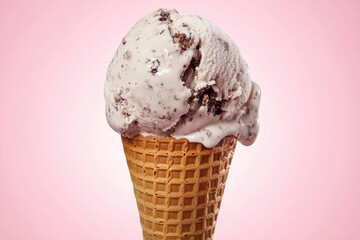 Poster - A tempting scoop of cookies and cream ice cream, melting slightly on a crispy waffle cone, set against a smooth pink background.
