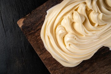 Poster - Swirls of creamy topping on wooden surface, a dessert delight. Perfect for cakes, pastries, or a sweet treat. Texture is smooth and luscious.