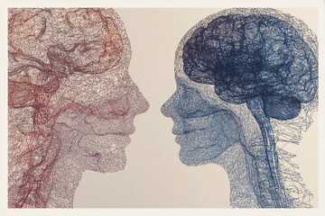 Poster - Abstract image of two faces, brains visible, rendered in a wireframe style, showcasing interconnectedness and communication, ideal for psychology or neuroscience concepts