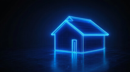 Poster - futuristic digital rendering of sleek polygon house glowing in neon blue light