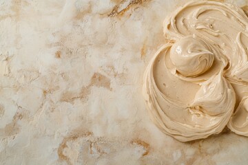 Poster - Smooth, beige dessert frosting swirls on a marbled surface, inviting sweetness. Perfect for baking or enjoying as a decadent treat.