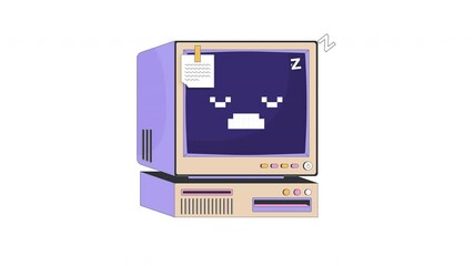 Poster - Retro computer with sleepy zzz pixel face and sticky note 2D cartoon object animation. 90s dozing off. Vintage oldschool desktop in sleeping mode animated flat colorful item 4K video isolated on white
