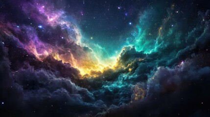Wall Mural - vibrant hues of purple, blue, and orange blend together in a cloud-filled cosmos, with countless sta