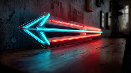 Leinwandbilder - Neon arrow sign with red and cyan tubes, rests on dark wood surface against a textured wall, showcasing direction, guidance, or movement