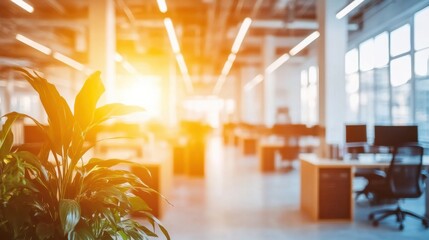 Poster - Bright Modern Office Space with Green Plant Succulent in Foreground