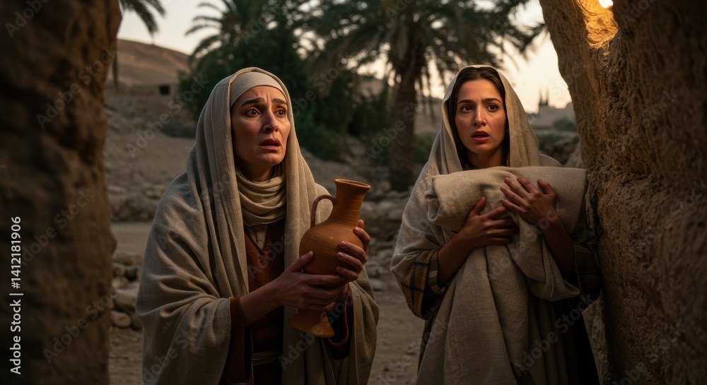 Women at jesus tomb surprised biblical easter story scene of two women