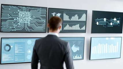 Poster - Analyzing Data: A professional in a suit stands before multiple screens displaying intricate charts and diagrams, deeply focused on data analysis, visualizing a technological landscape.