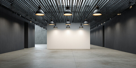Aufkleber - Empty gallery interior with large blank wall, concrete floor, and industrial-style lighting showcasing ample free space for advertisement or artwork