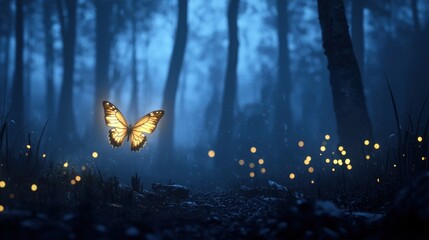 Poster - A radiant golden butterfly gracefully flies through a misty forest, glowing softly.