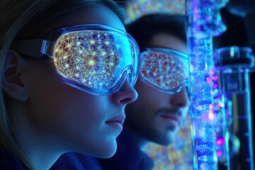 Poster - Scientists exploring innovative technology with glowing goggles in a futuristic laboratory