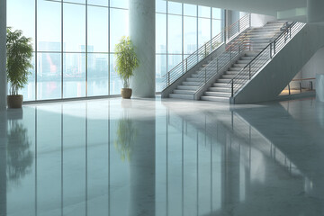 Aufkleber - Modern building interior with marble staircase, large windows showcasing city view, and potted plants representing elegance, serenity, contemporary architecture, ideal for business, lifestyle concept